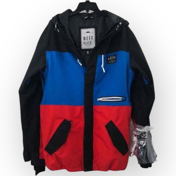 Neff Zeeb Snowboard Jacket Mens Medium Colorblock Black Blue Red Hooded Technica - Picture 2 of 8